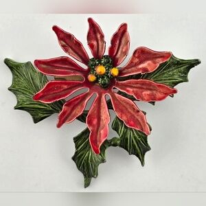 Vintage Enamel Poinsettia Flower Christmas Brooch Pin